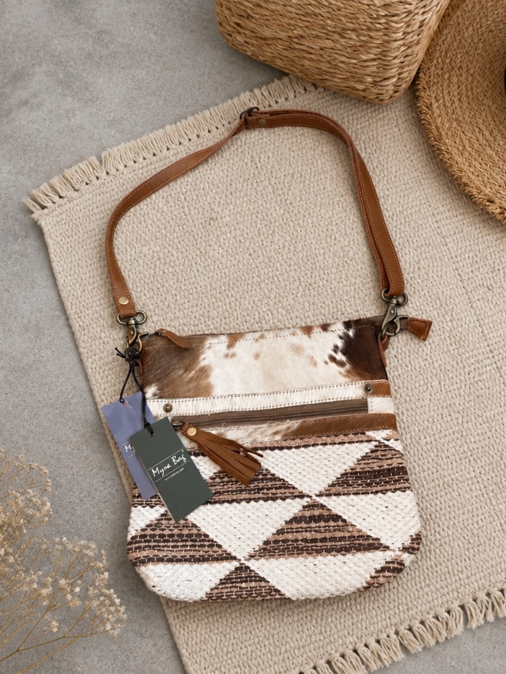Handcrafted Brown & Cream Crossbody Bag by Myra Bags